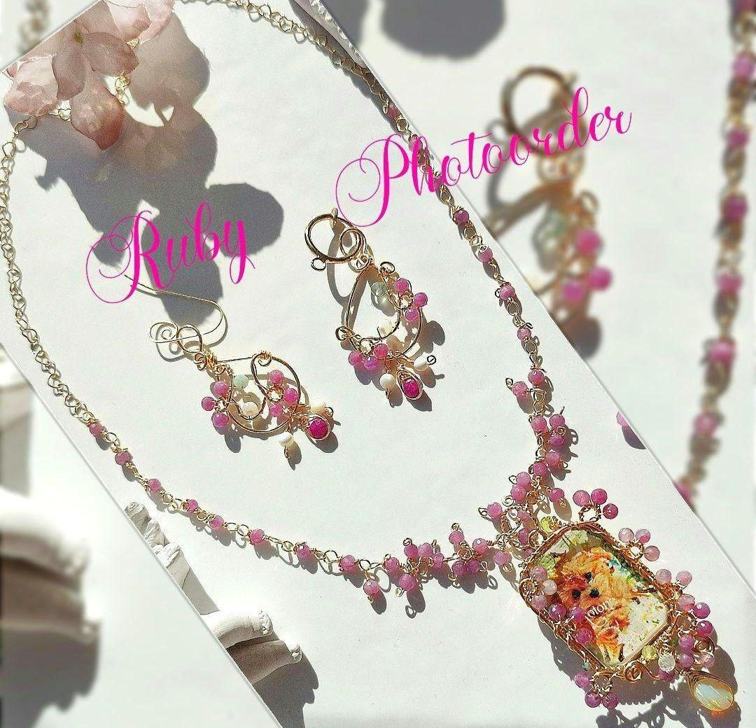 14kgf うちの子【写真ネームオーダー ルビー ピンクオパールネックレス】