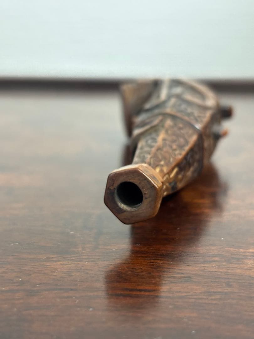 時代鉄砲根付 柘植製 黄楊木 在銘「日昇」 提物 根付 木箱付き 長さ9.5cm