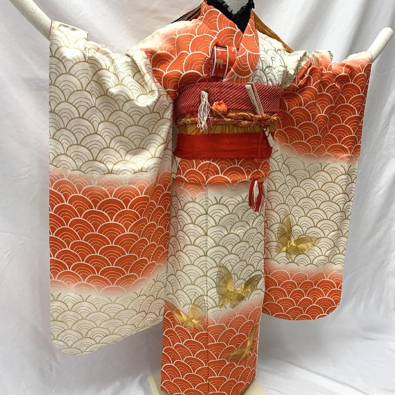 507ag63□七五三 七歳 女児 着物&袋帯 金駒刺繍 蝶 青海波□状態良好