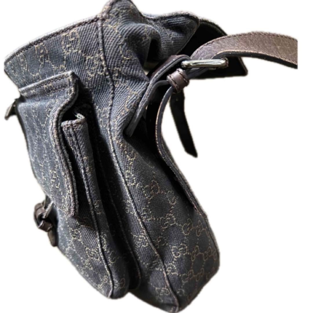 GUCCIGG柄 ロングショルダーバッグ 茶 ブラウン デニム×レザー
