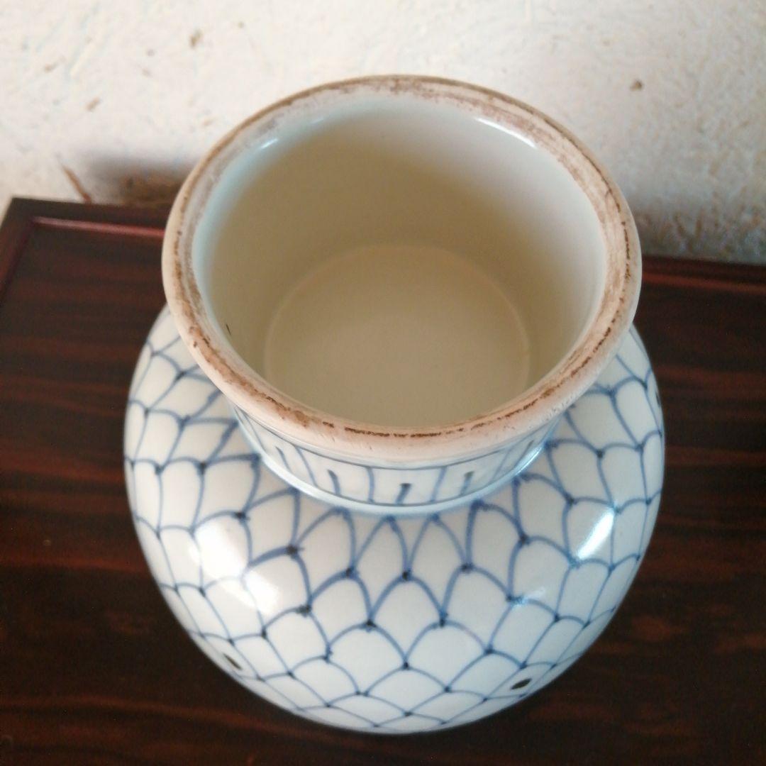 中国　網目紋飛魚画胴継花瓶　22cm　民国〜昭和中期