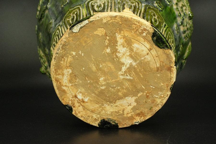 中国美術 緑釉 貼蓮花魚紋 装飾壷 高27.5cm(LC150)