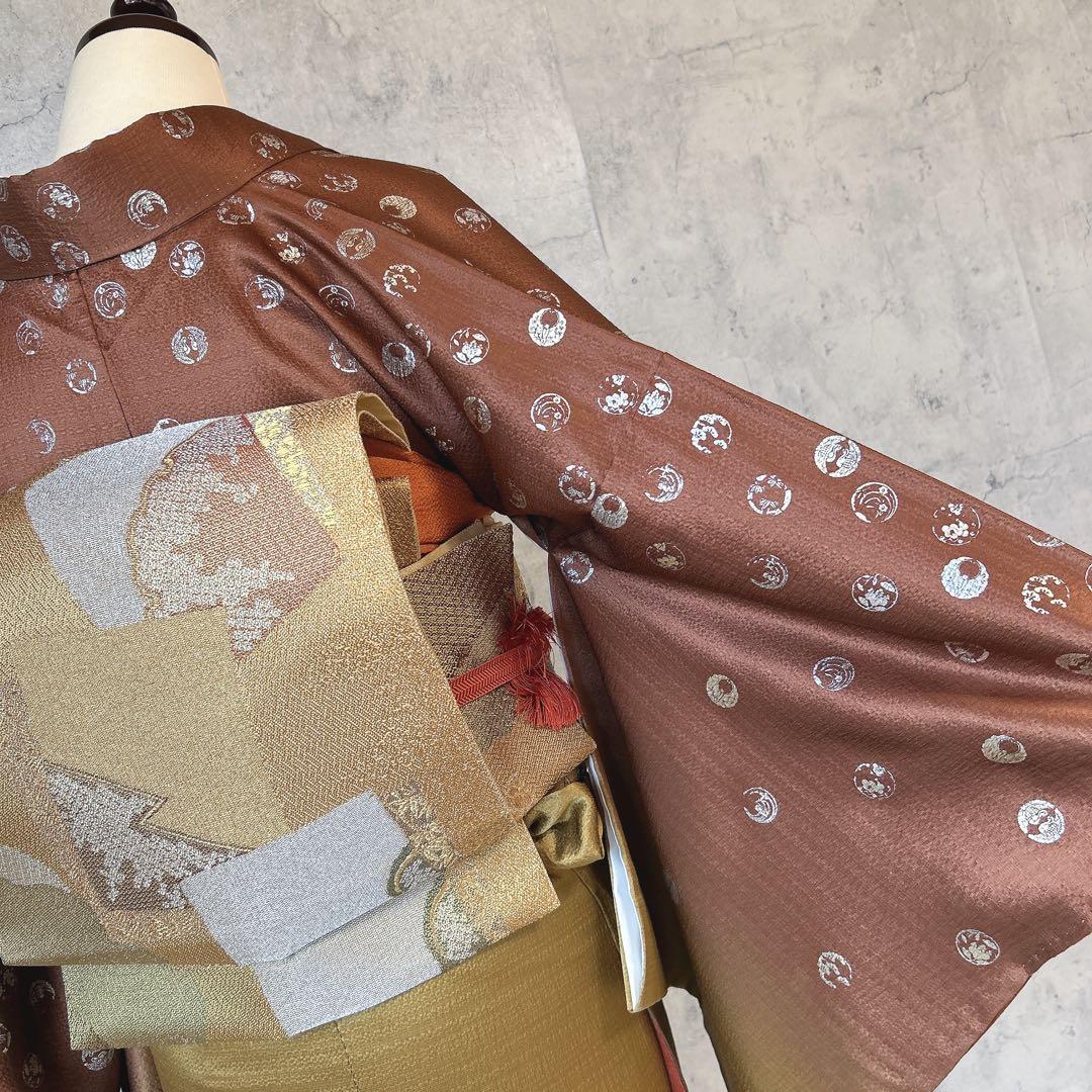 訪問着フルセット　着物　正絹　家紋　かっこいい　茶色　ゴールド