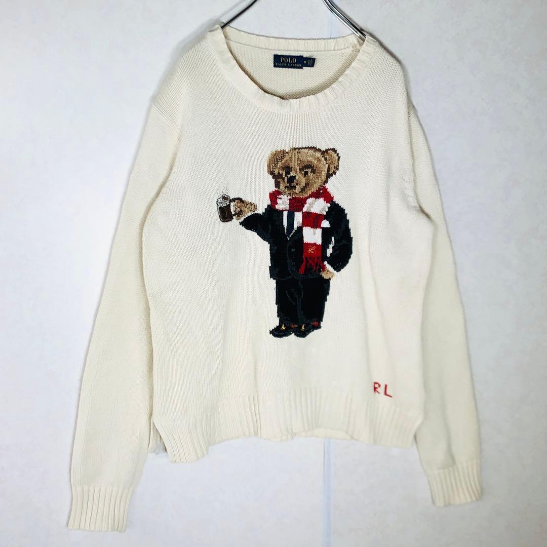 【超大人気】ラルフローレン ポロベア デカロゴ ニット セーター 白 Mサイズ