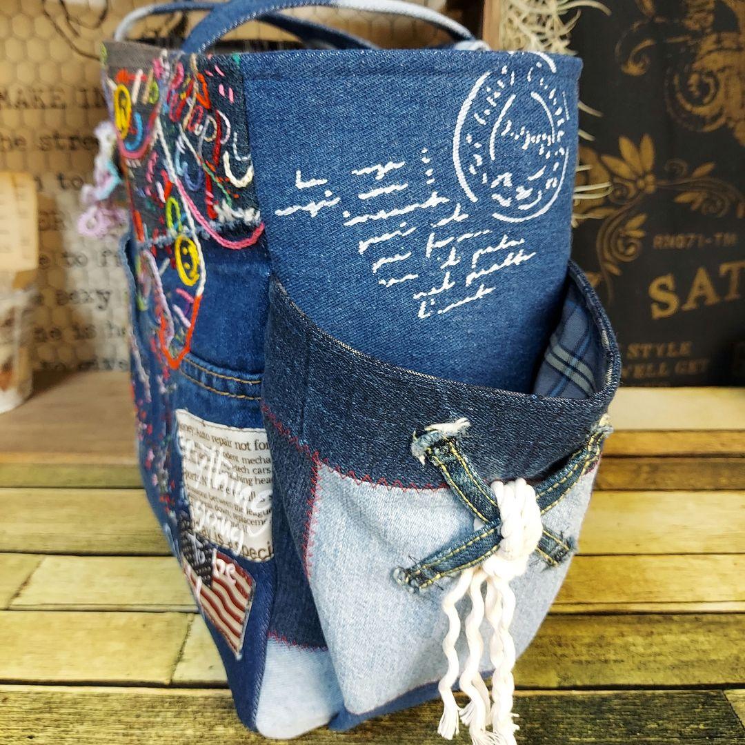 【Kal】大きな刺繍デニムバック　No.625　デニムリメイク