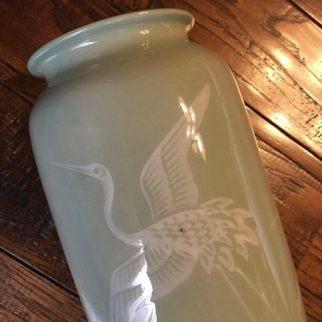 経年70年以上 清水焼 青磁 『鶴』花瓶 花器 花入 壺 飾り壺 時代物 骨董品
