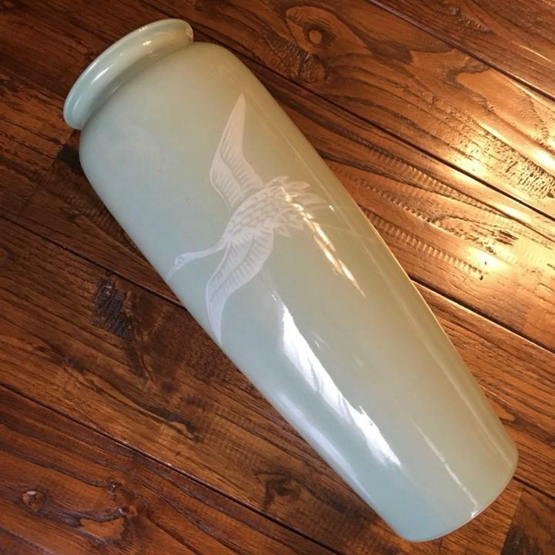 経年70年以上 清水焼 青磁 『鶴』花瓶 花器 花入 壺 飾り壺 時代物 骨董品