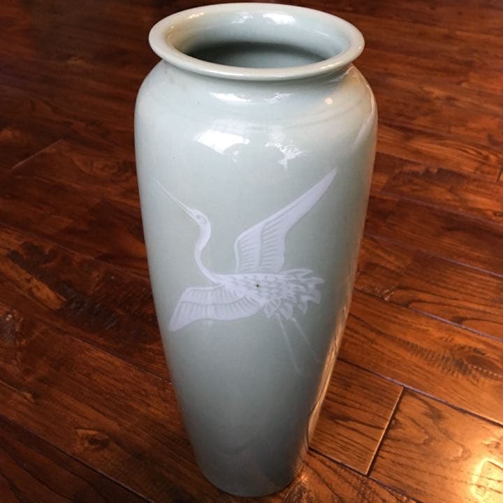 経年70年以上 清水焼 青磁 『鶴』花瓶 花器 花入 壺 飾り壺 時代物 骨董品