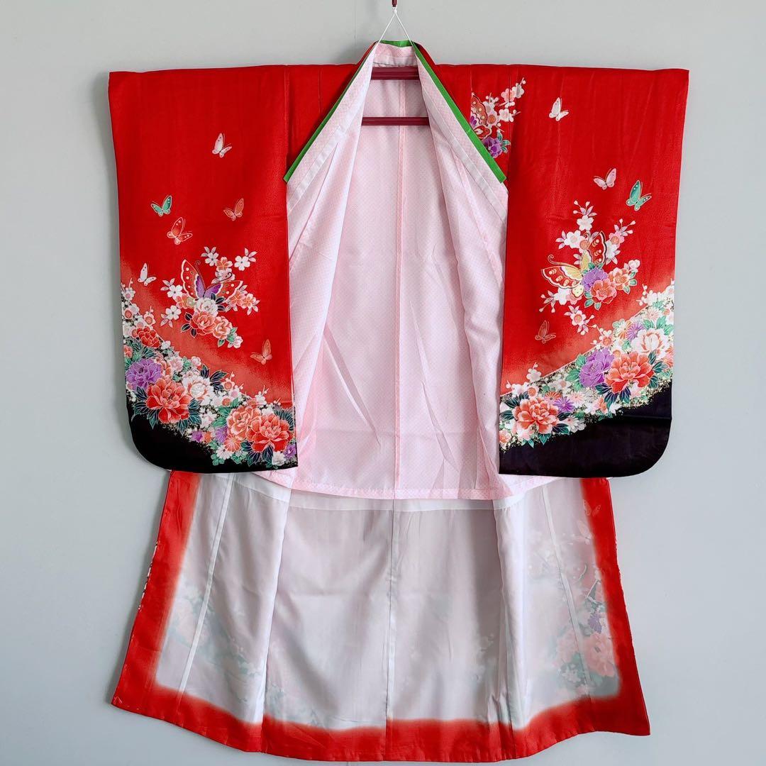 セット　七五三　７歳女の子　赤地　蝶牡丹　黒地袋帯亀甲鶴　袖なし長襦袢7099