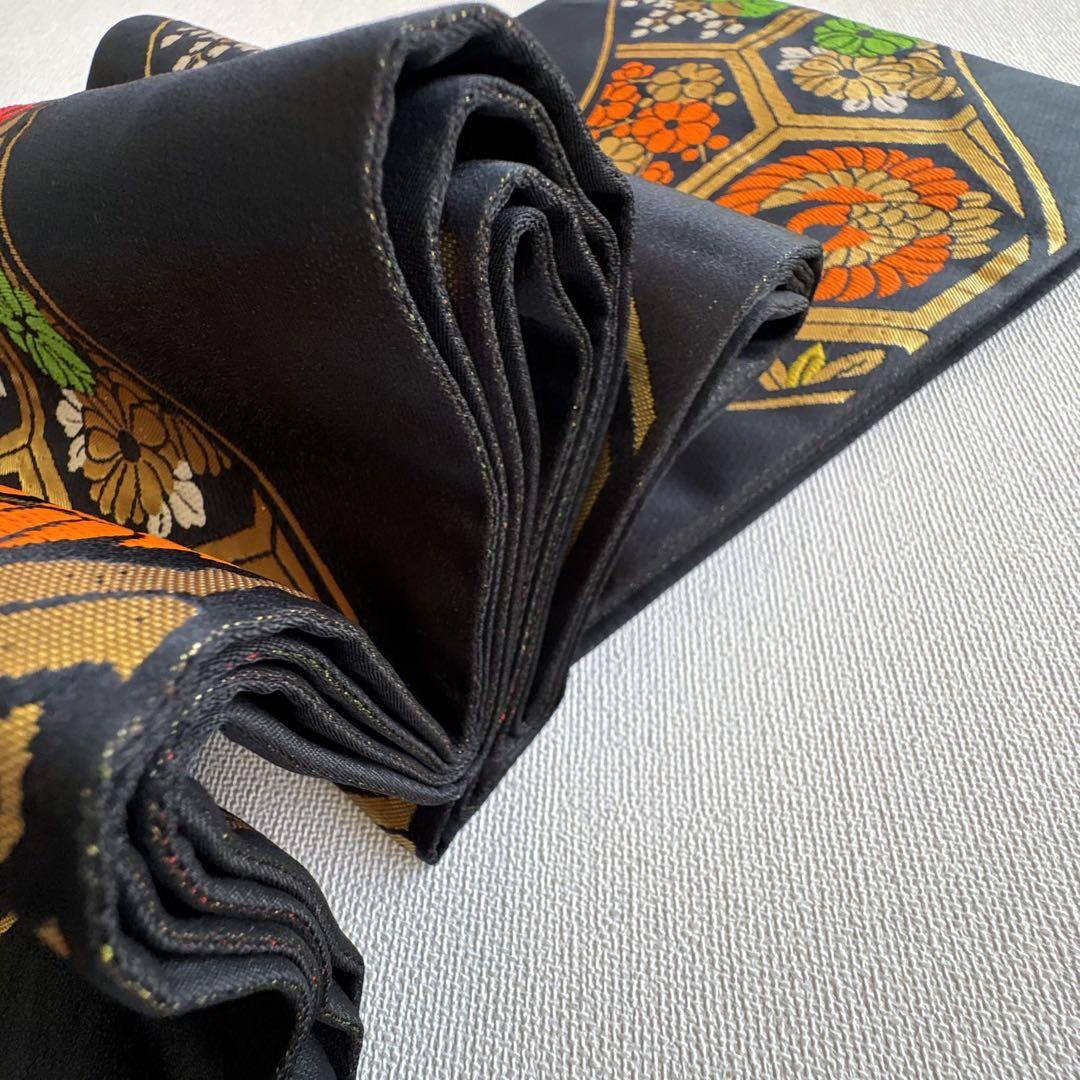 セット　七五三　７歳女の子　赤地　蝶牡丹　黒地袋帯亀甲鶴　袖なし長襦袢7099