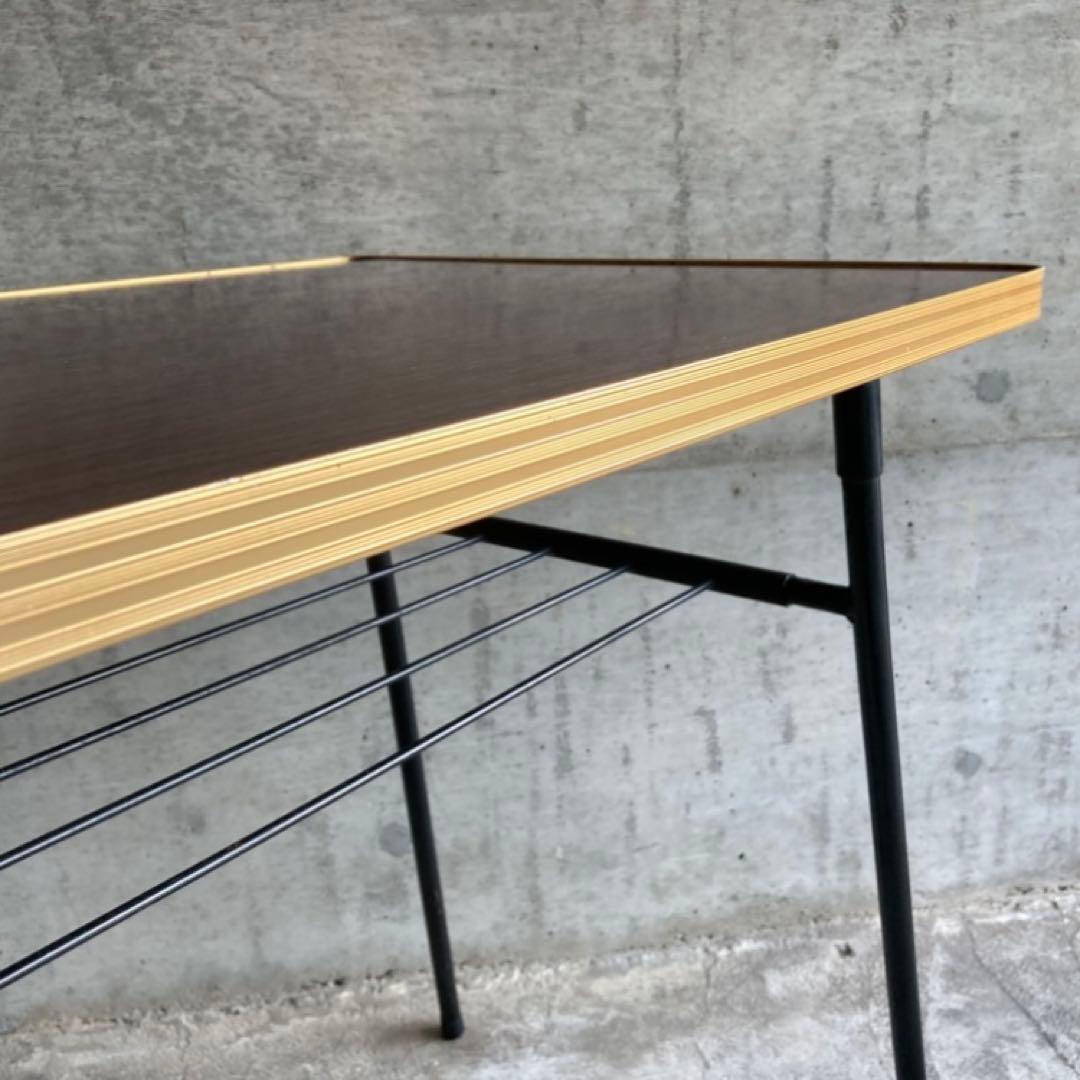 テーブル 机 折り畳み 鉄脚 作業机 食堂 木目調 棚付き 当時物 昭和 レトロ