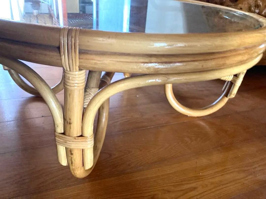 天然素材　ガラス天板　籐ラタンテーブ サイド 丸テーブル　昭和レトロ おしゃれ