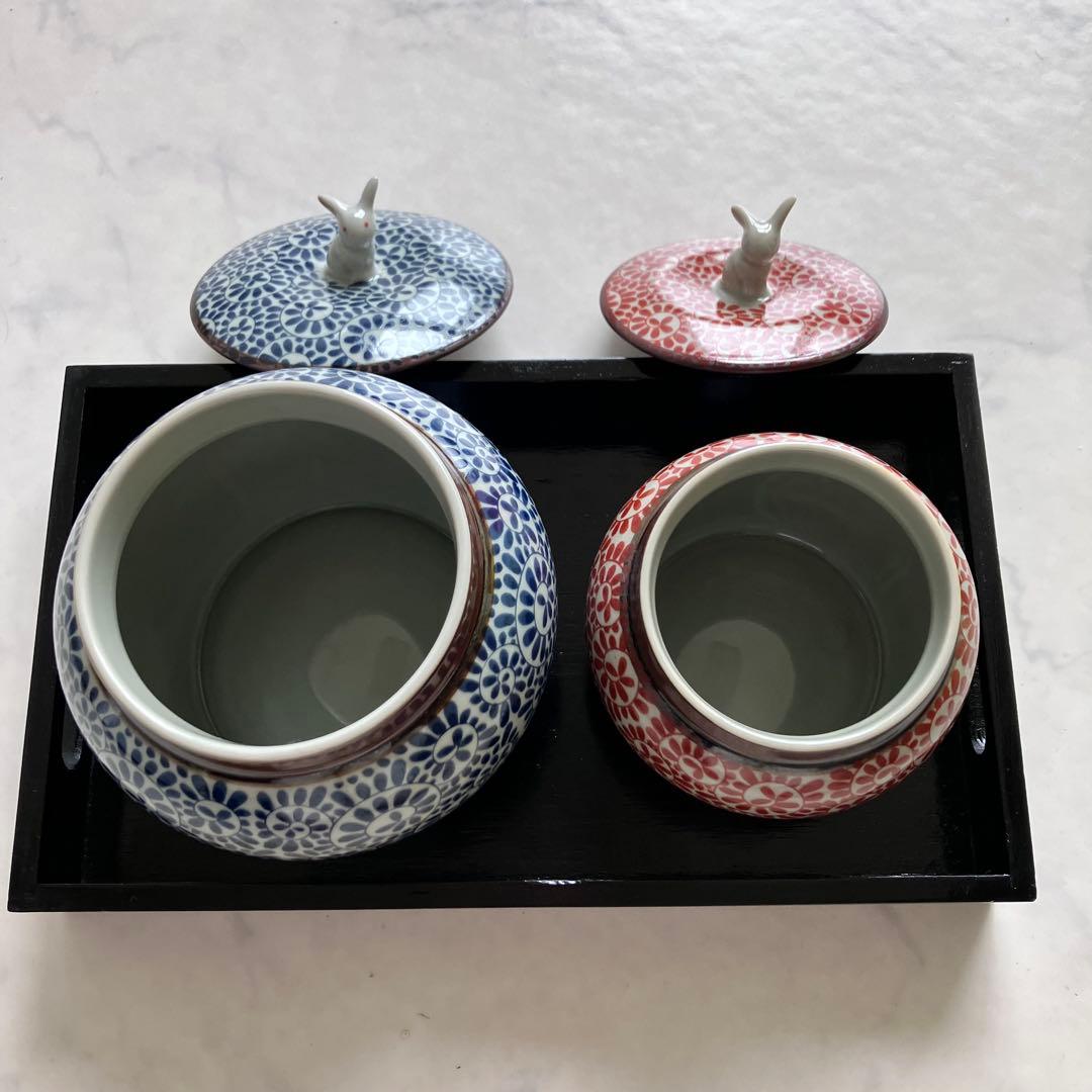 美品♡有田焼♡かわいいうさぎの蓋付き壺♡おぼんセット清秀♡小壺♡茶壺・茶器・陶器
