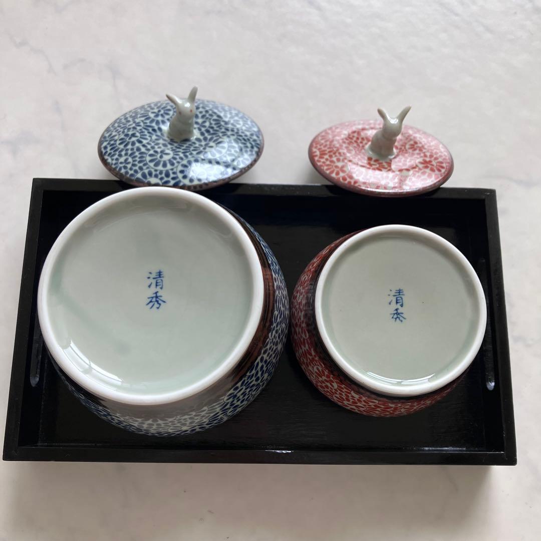 美品♡有田焼♡かわいいうさぎの蓋付き壺♡おぼんセット清秀♡小壺♡茶壺・茶器・陶器