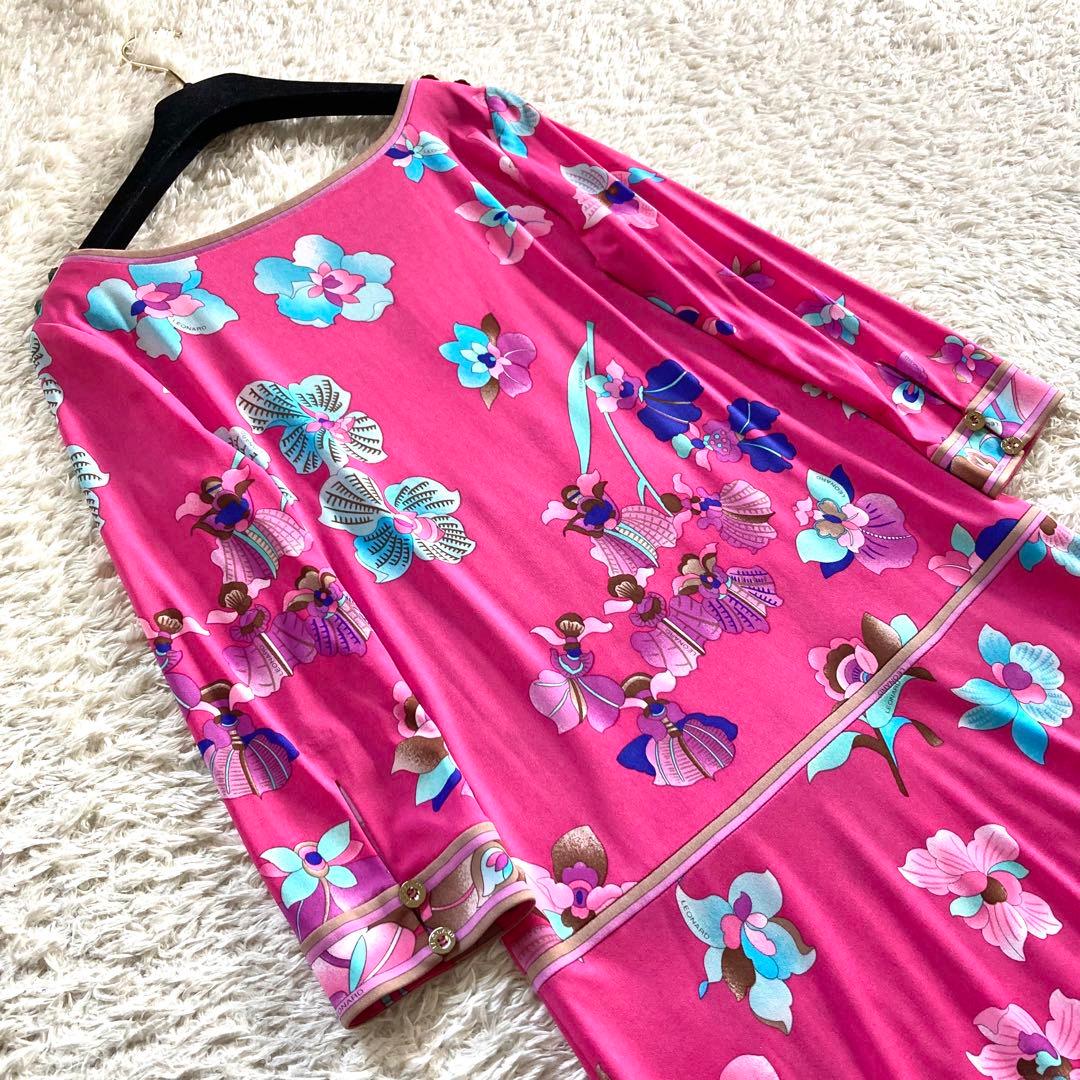 【美品】レオナール カンカン ボタニカル フラワートリム フレアワンピース