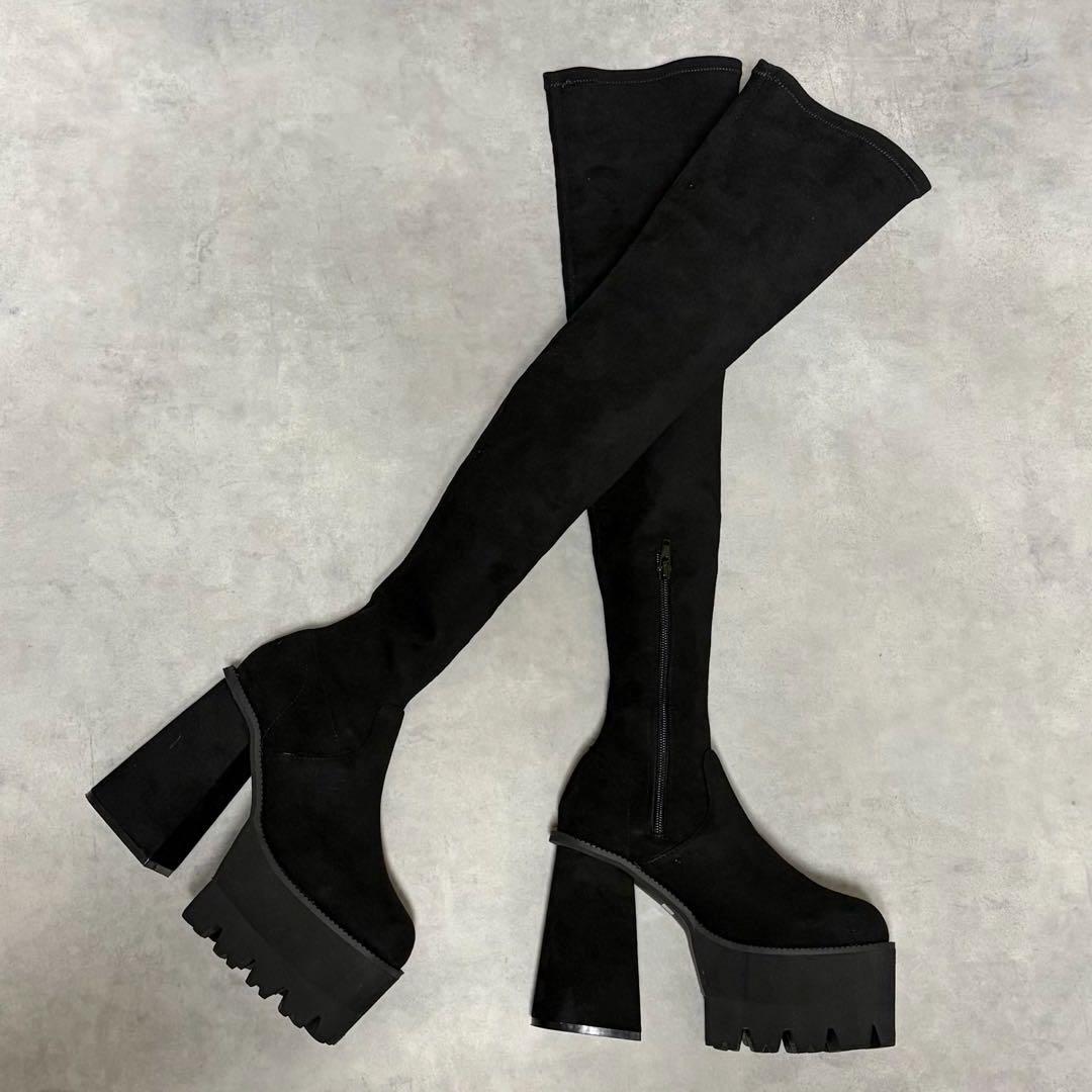 ほぼ新品EMODA スクエアフィット S ロングブーツ ニイハイブーツ 厚底 黒