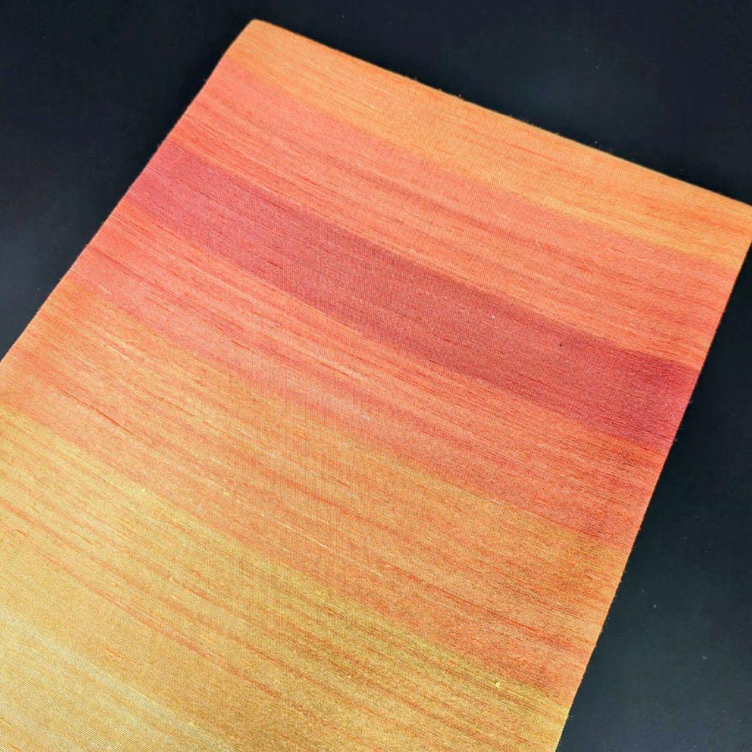 H-286 袋帯 正絹 全通 紬 グラデーション 赤 オレンジ 黄 白