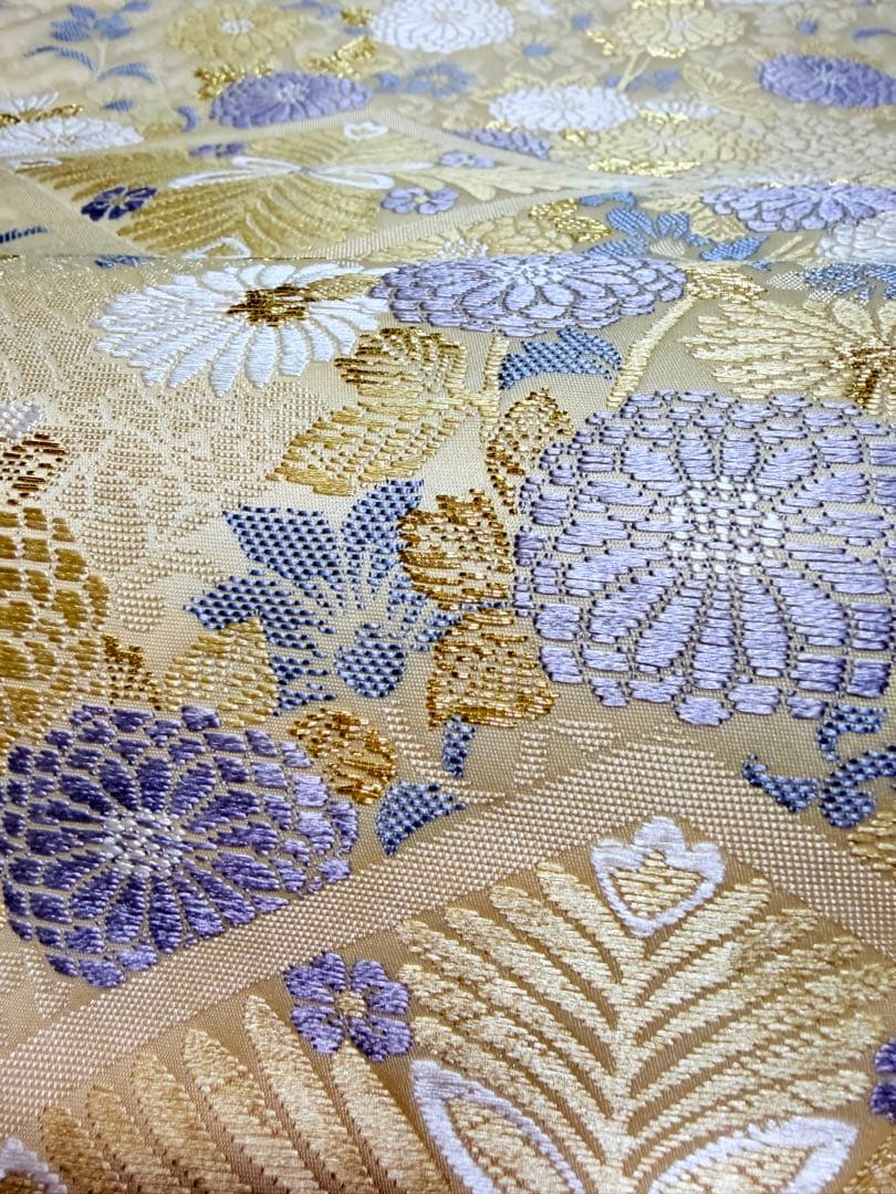 高級 袋帯 六通柄 唐織 ベージュ 七宝柄 フォーマル 訪問着 留袖 色無地