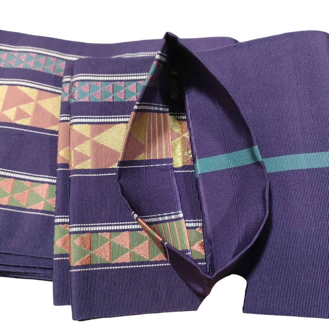 半幅帯ゆかたの帯長さ342cm幅15cm博多織正絹うろこ鱗柄横縞ボーダー灰紫色