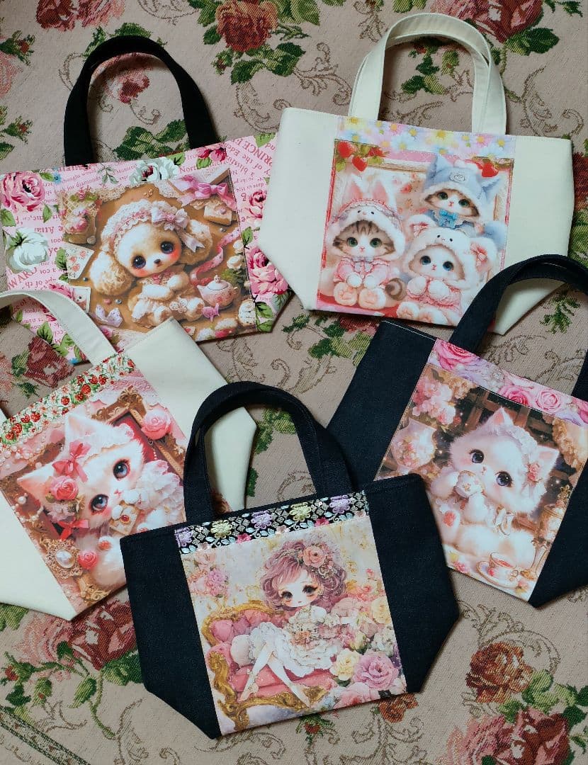 【受注制作】両面ミニトートバッグ５点 パネル生地 刺繍リボン ミニトート1325