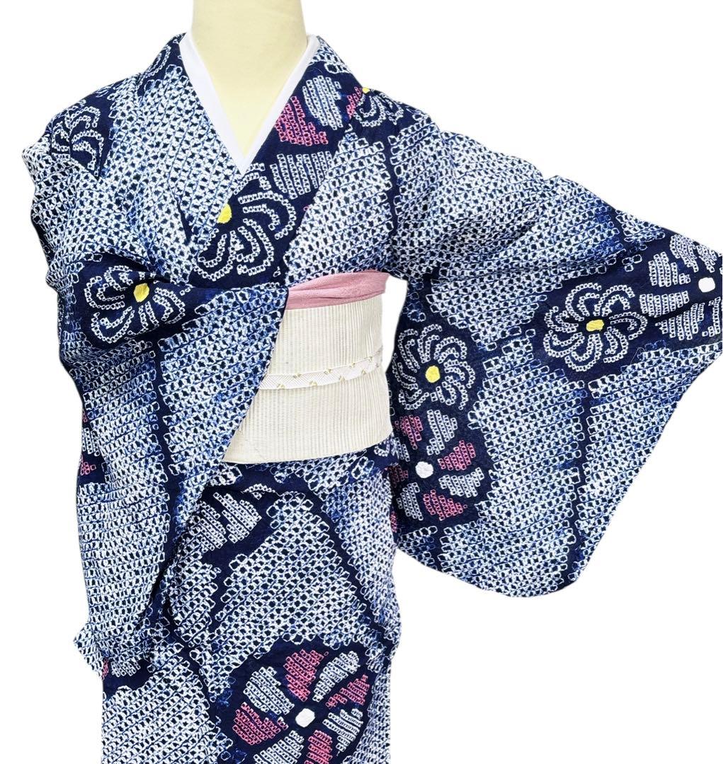 A84有松鳴海絞り 高級浴衣 花 綿　紺　美品　身丈165cm