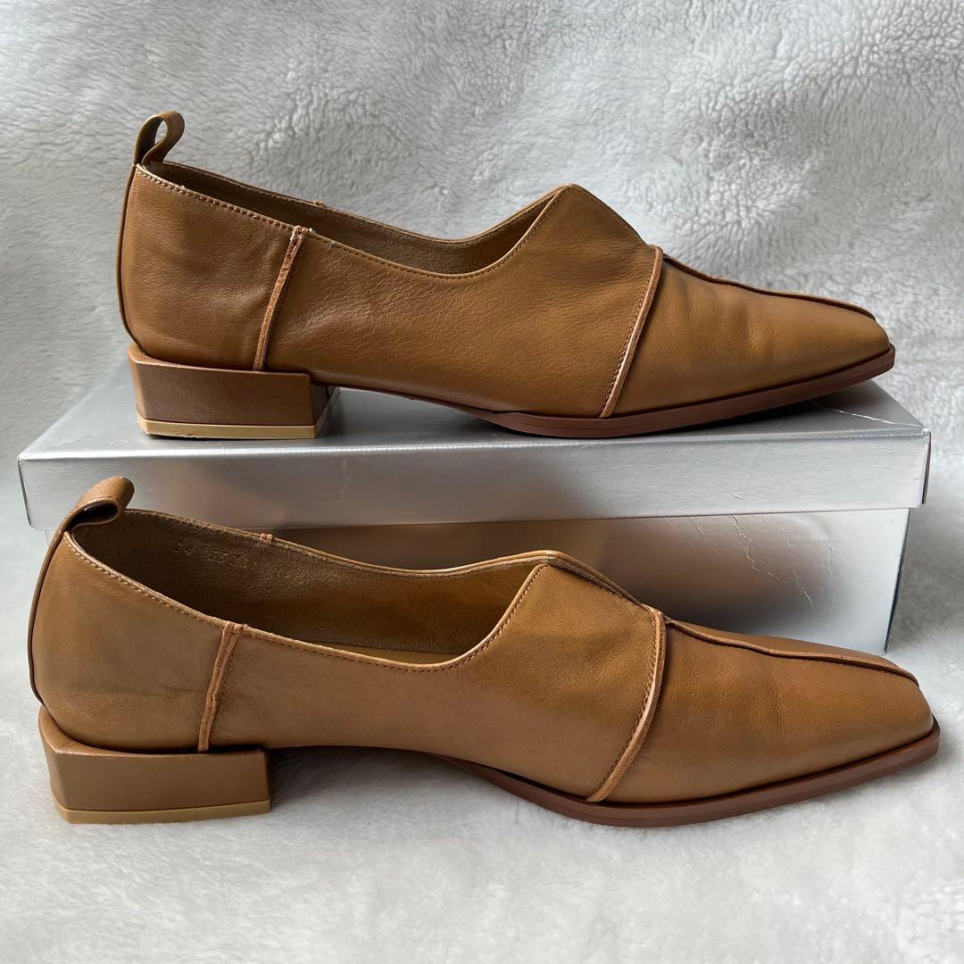 美品☆グリーズ 25cm パンプス レザースクエアクロスシームアンクルフラット