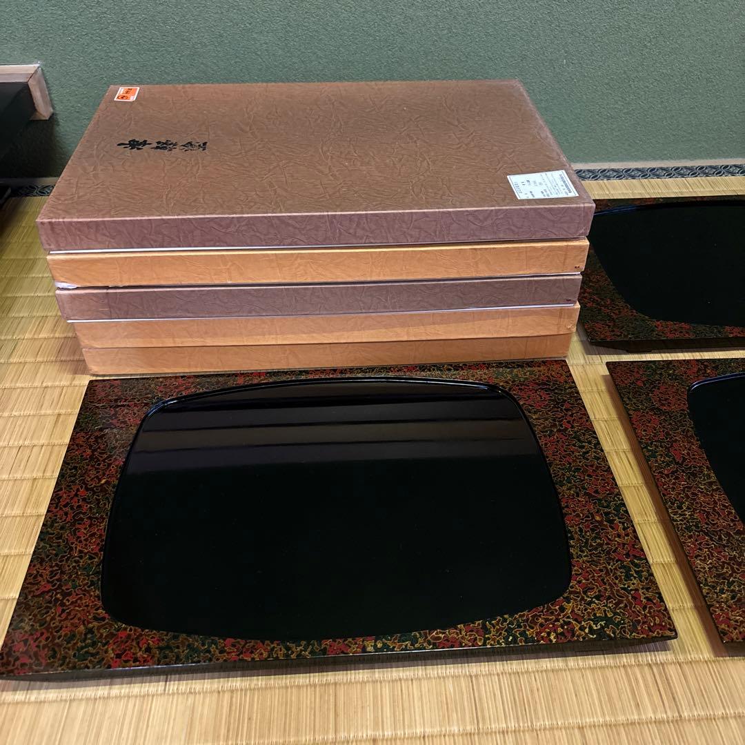 蔵出し！✴︎津軽塗・唐塗長手浅堀盆・卓上盆『おもてなし膳』5膳 ✴︎