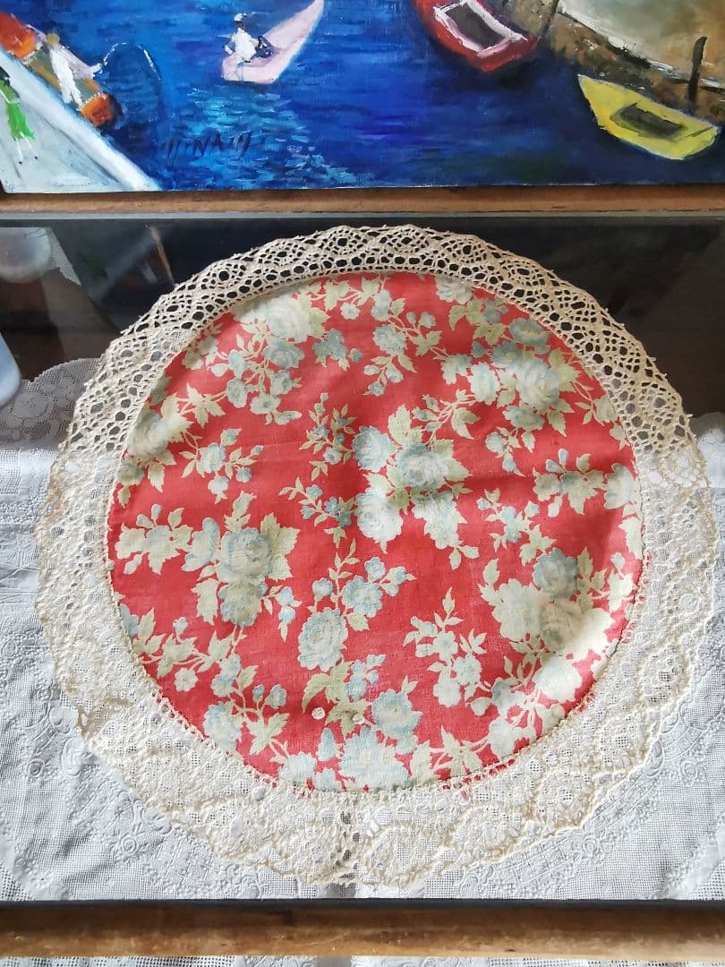 アンティーク フレンチ花柄ファブリック＆クロシェボビン編みレース装飾 ドイリー