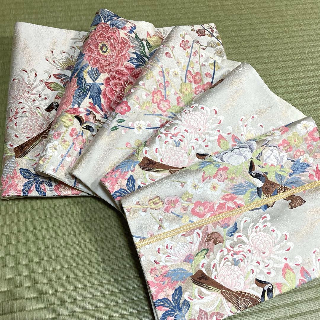 正絹　袋帯　【鳥　花々】