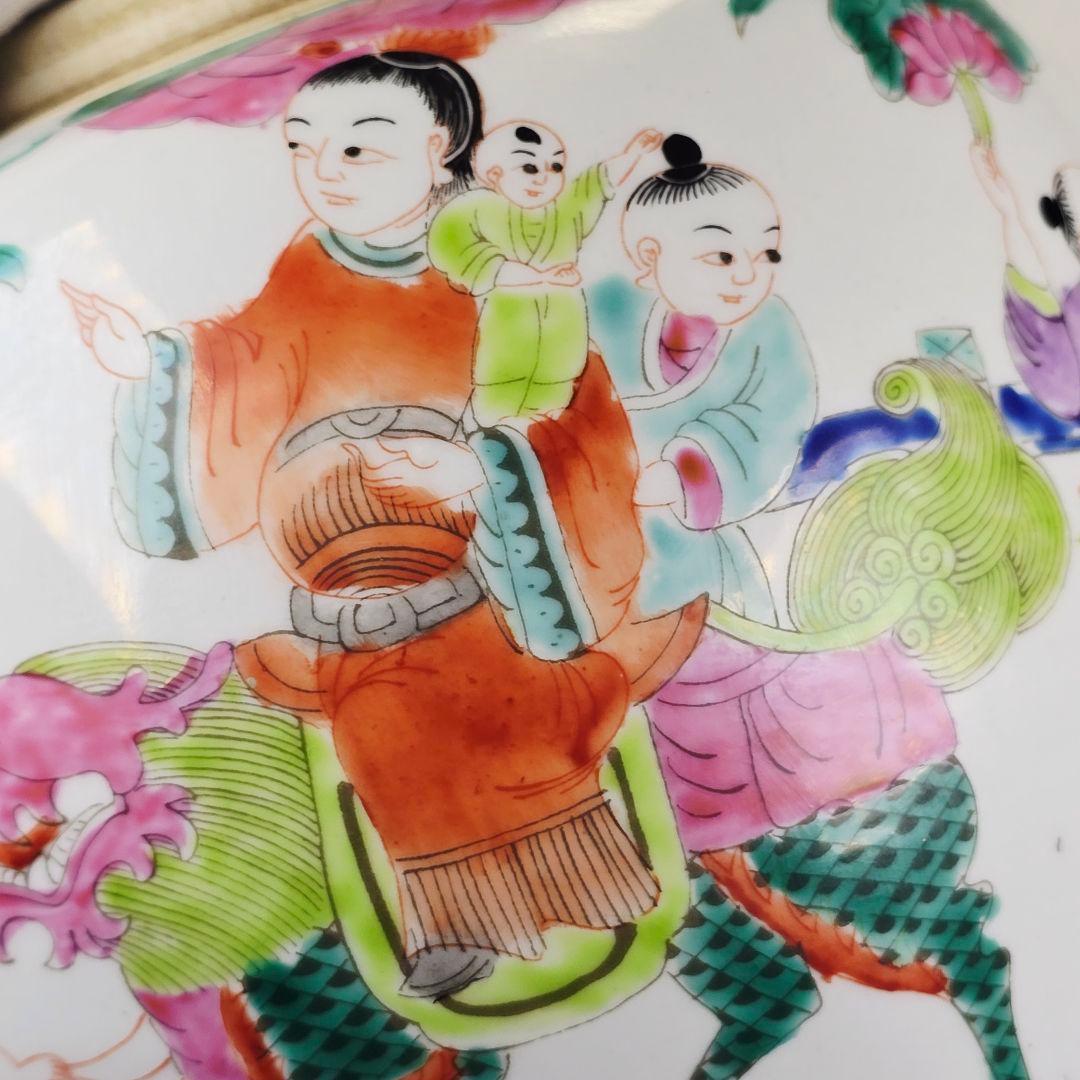 舶来品 中国古磁 五彩 手絵 麒麟天官送子図 大型 姜缶 人頭缶 清同治在銘