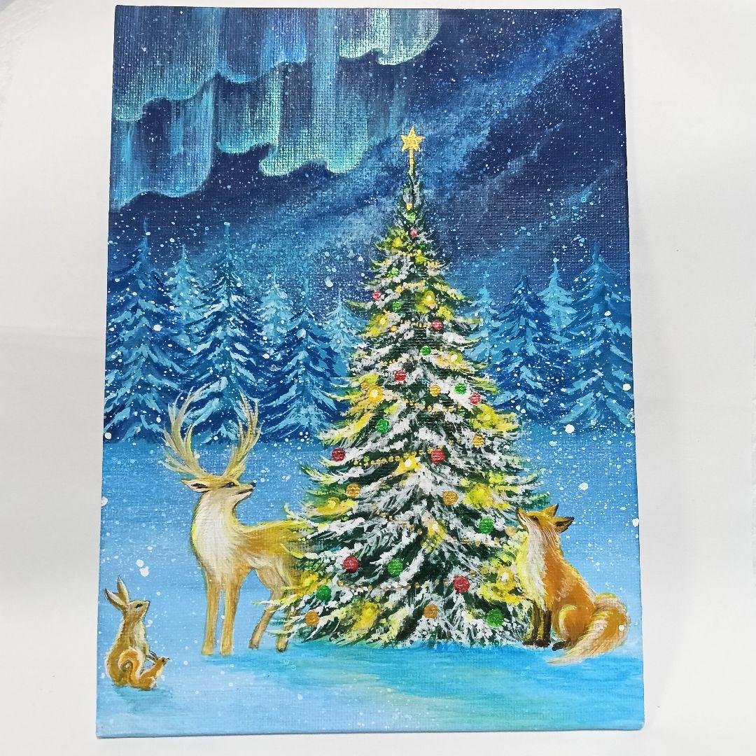 No.534 F3キャンバス　アクリル画　原画　青い絵　鹿　青い木　開運絵画