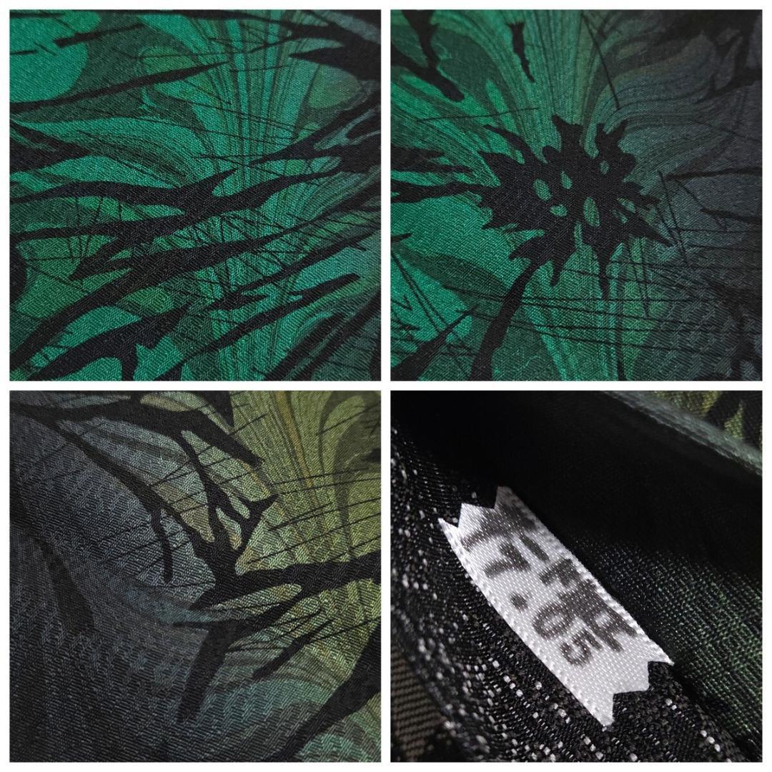 I2 シックな花模様 黒 緑 モダン ガード加工 全通 正絹 袋帯 O10