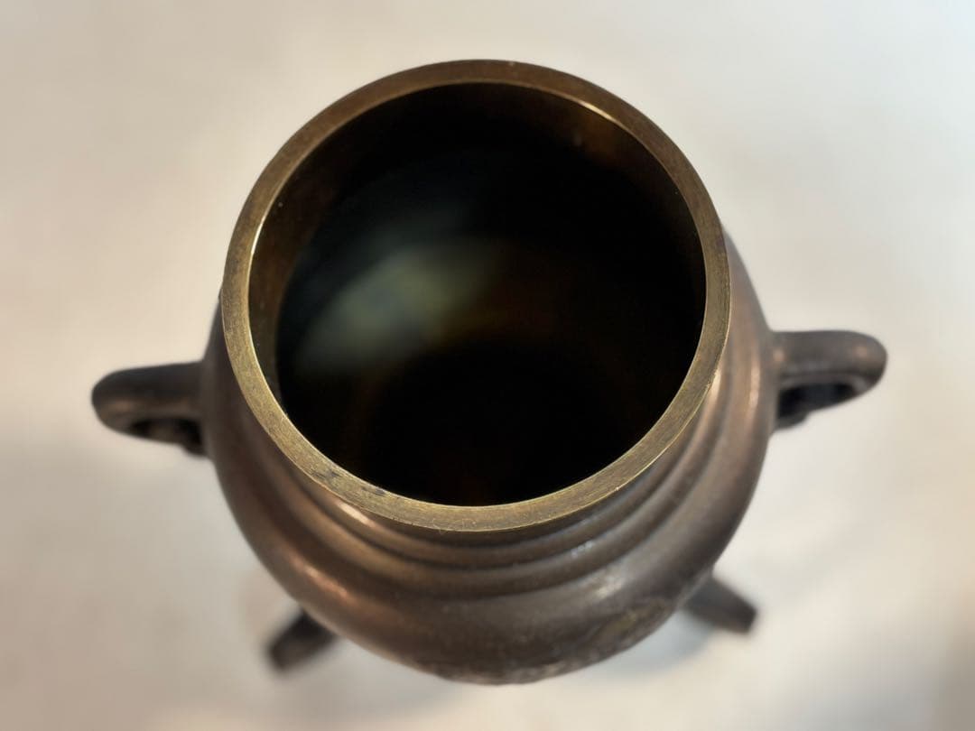 薄端 唐銅 龍 虎 模様　三脚　華道具　花器　茶道具　古道具