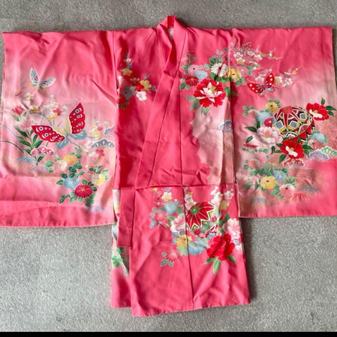 七五三用ピンク着物 花柄 蝶模様