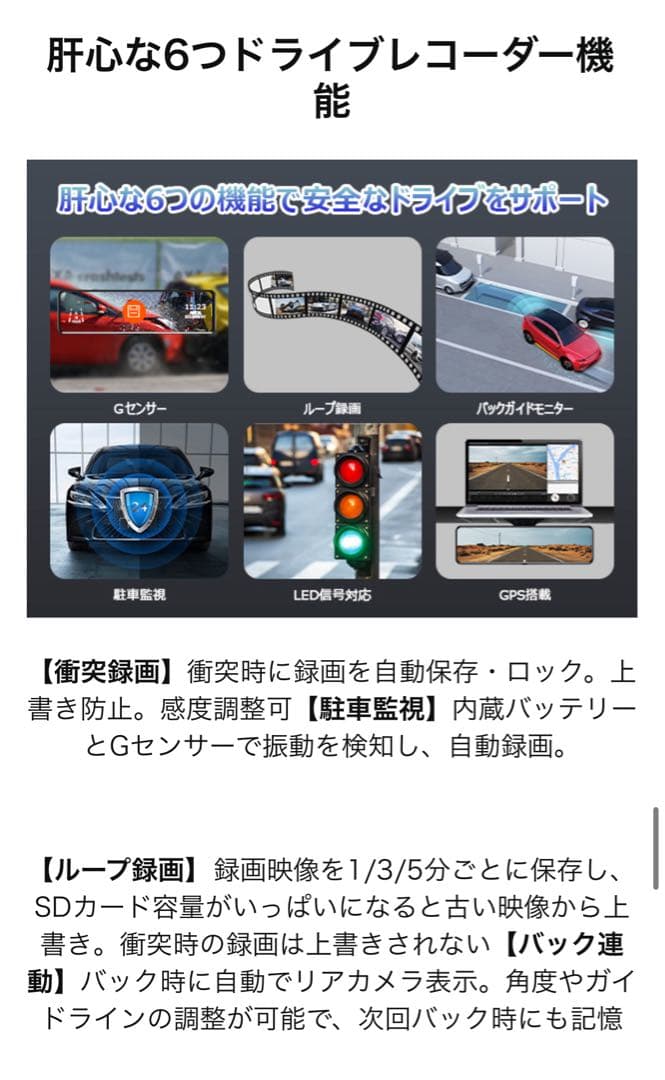 4Kドライブレコーダー ミラー型　前後 64GBカード付800万画素 GPS