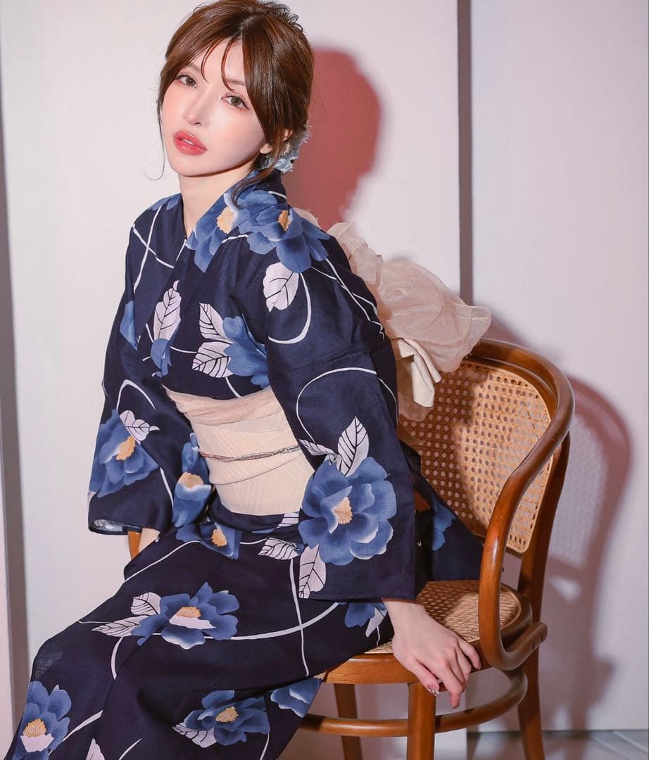 Retica浴衣セット レディース 紺地×青椿 ゆかた2点セット (浴衣 平帯)
