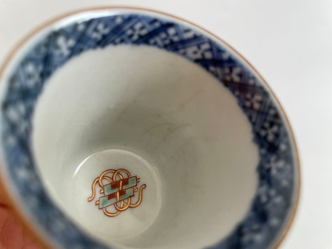 骨董　アンティーク　古伊万里　大聖寺伊万里　色絵　唐草鯉図　筒盃　猪口　五客