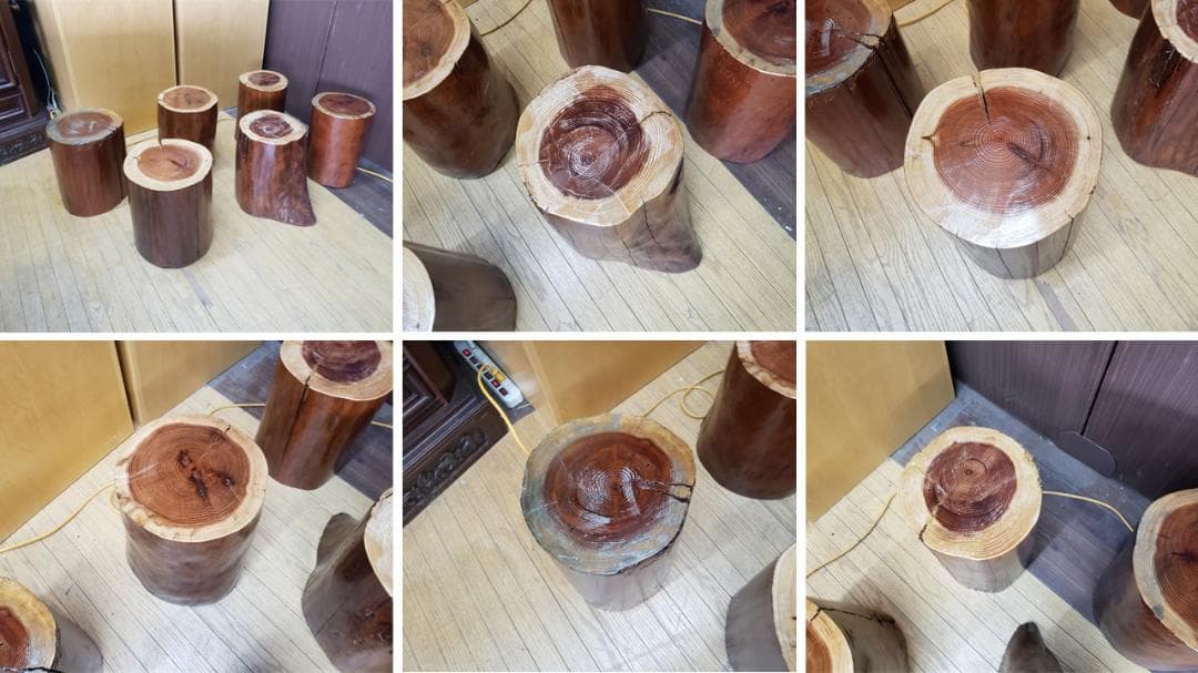 H16　一枚板　丸太脚　 厚み18.5㎝ カウンターテーブル ＆ 丸太椅子6脚