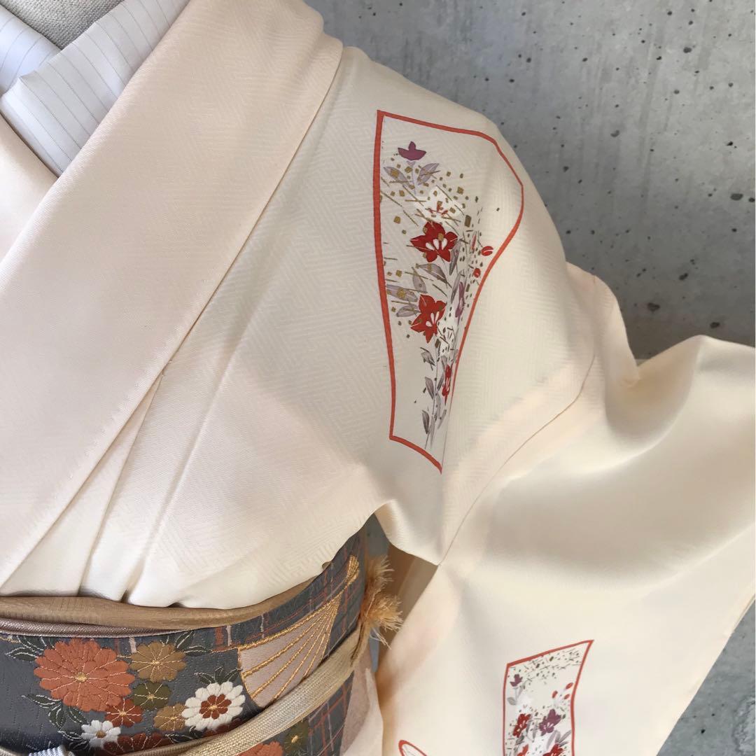 【単衣】正絹　訪問着　雲取りに花柄　金箔　居敷当て無し　小さめサイズ