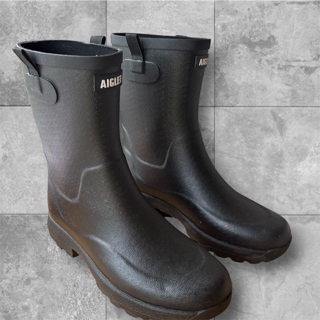 AIGLE ブラック 防水 アリアラバーハンティングブーツ/レインブーツ/ 38