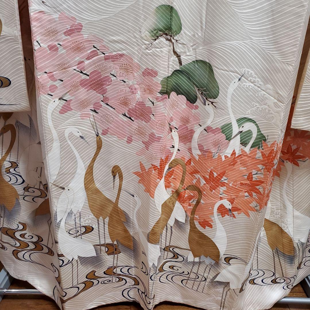 パンダ子様占用　振袖と長襦袢のみ(67)　　正絹　生成り色　鶴　松　梅　紅葉