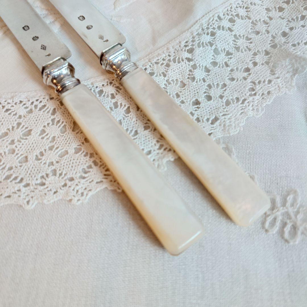 フランス製　純銀　シルバー800 ティーナイフ　マザーオブパール　白蝶貝　2本組