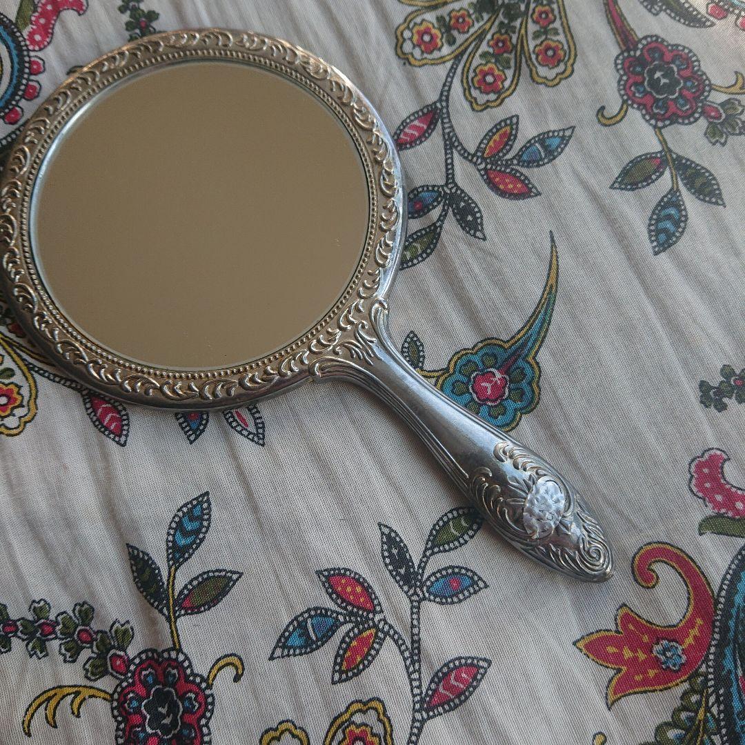 アンティーク 銀メッキ 手鏡 花柄