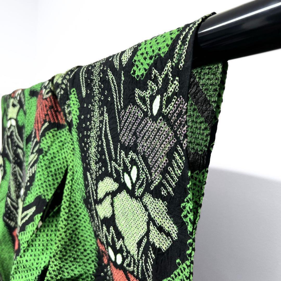 浴衣　有松鳴海絞り　菖蒲　花模様　グリーン　　着物　055w p