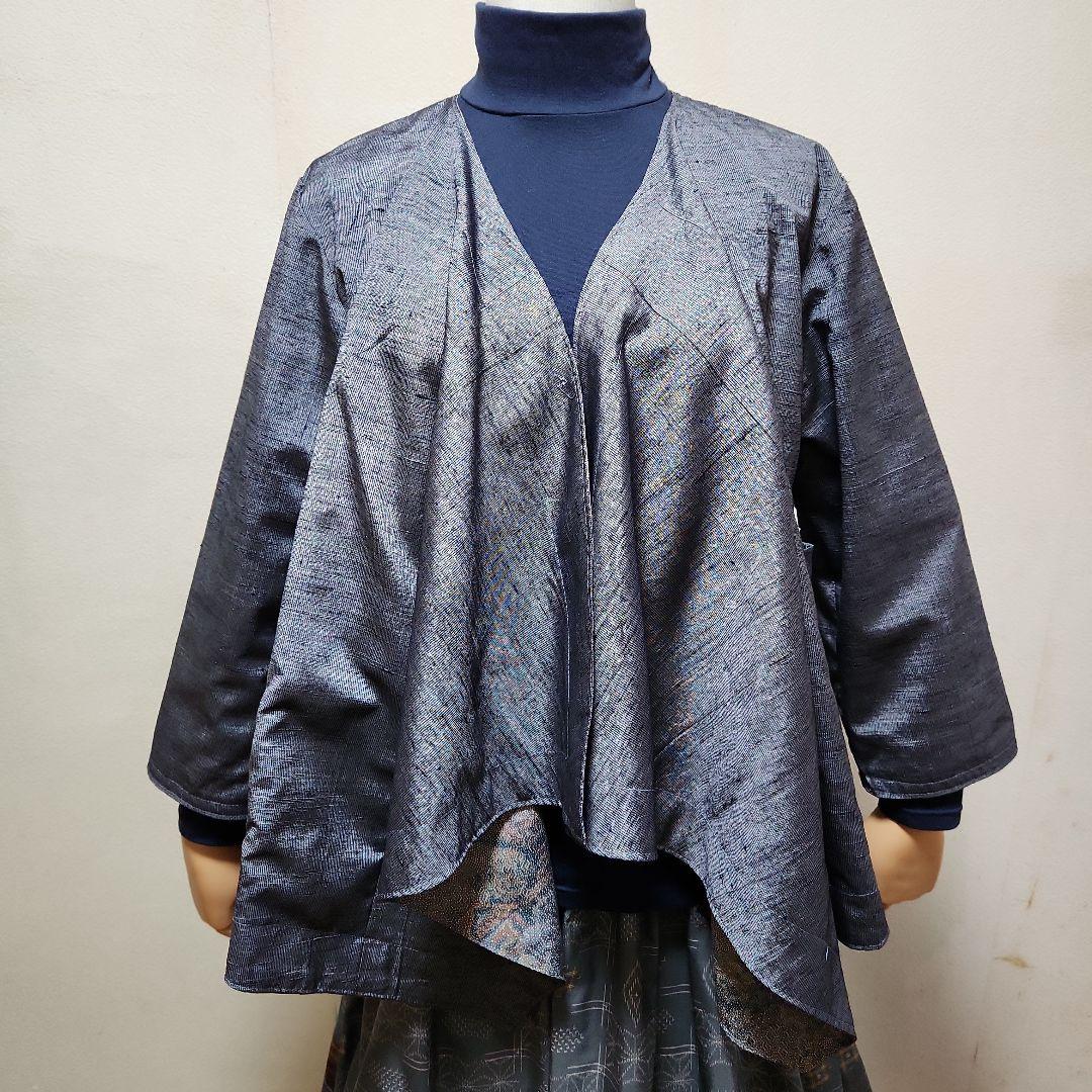 リバーシブル染大島紬&グレー無地紬リメイクドレ－プジャケットリバマフラー付き