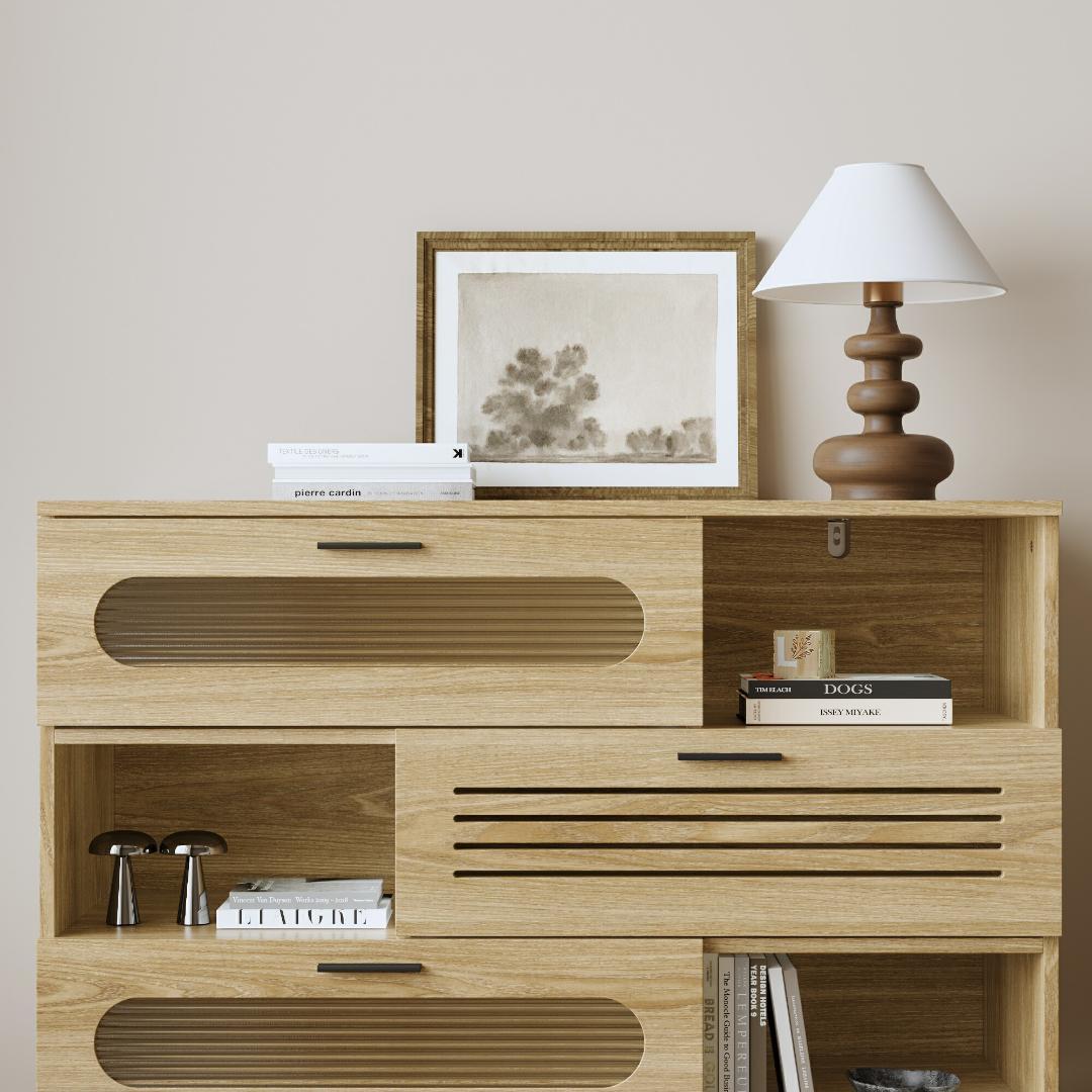 キャビネット サイドボード LEDライト付き 幅100cm 木目調 コンパクト