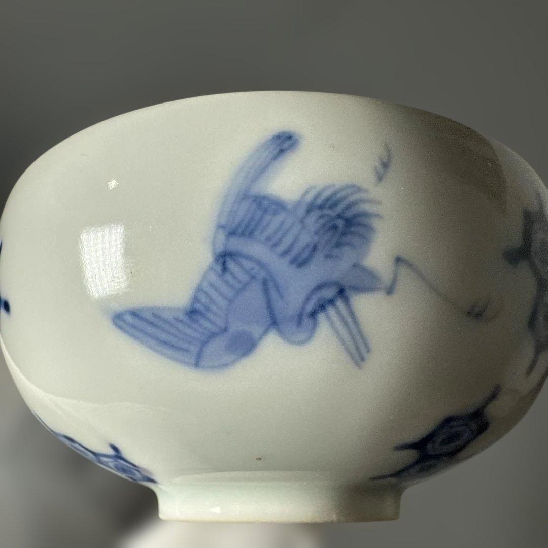 古平戸　染付鶴文様茶碗　五客　特注仕立箱　汲み出し　江戸後期〜明治期　古伊万里