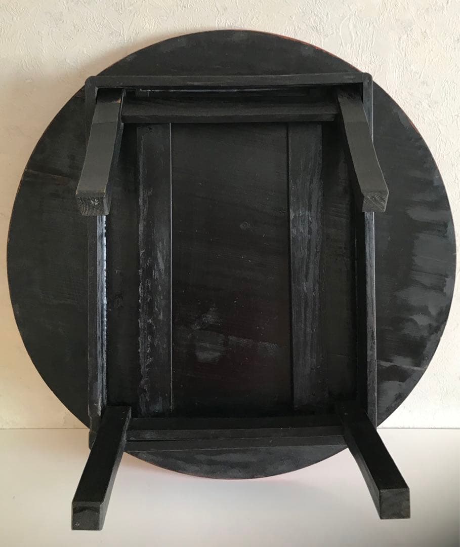 昭和レトロ　オレンジ、黒色 円形木製折り畳みテーブル　【希少】