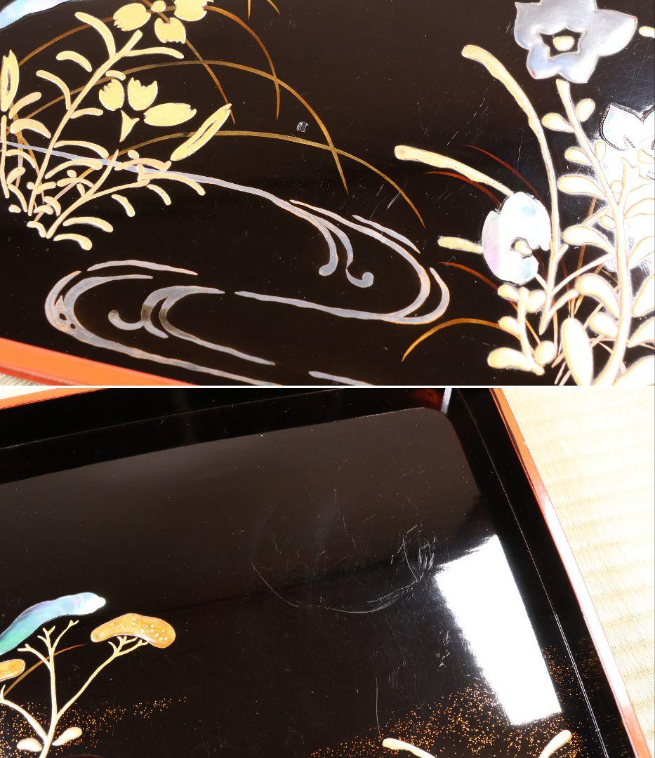 古い膳 螺鈿 流水草花 金銀蒔絵 四方膳 卓上 五客 根来 黒 木製 CM388
