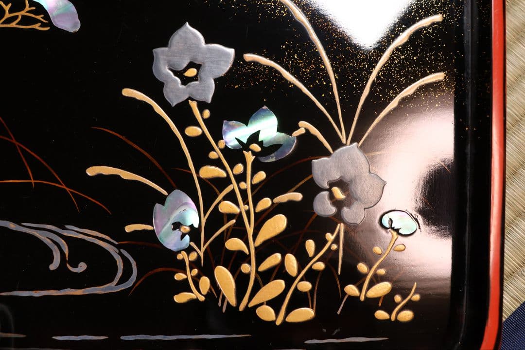 古い膳 螺鈿 流水草花 金銀蒔絵 四方膳 卓上 五客 根来 黒 木製 CM388